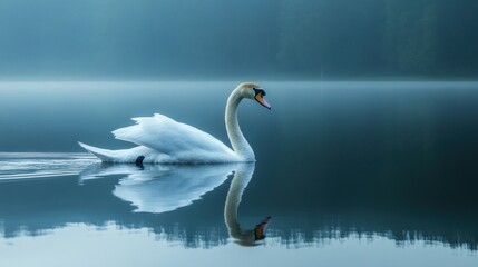 Fototapeta premium Elegant white swan glides on a calm lake, serene morning reflection.