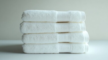 Clean Comfort: A stack of fresh, fluffy white towels, neatly folded and arranged, speaks to the promise of comfort and cleanliness.