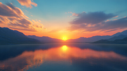 A Serene Sunset Over Reflective Waters in a Tranquil Landscape