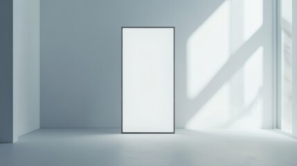 Minimalist interior with large rectangular light panel and natural shadows in bright space