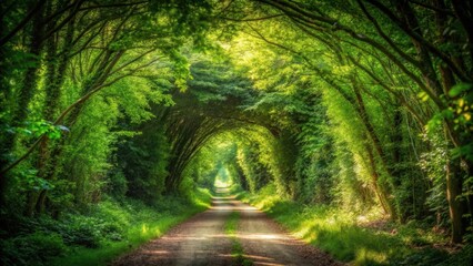 Sunlit Pathway Through Lush Green Canopy A Serene Country Road Underneath a Natural Archway of Trees