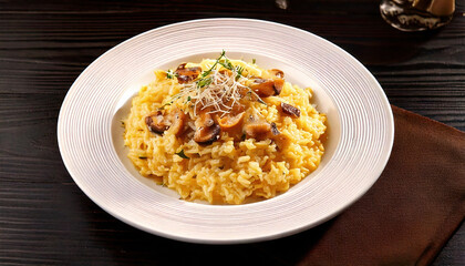 Creamy mushroom risotto garnished with fresh herbs and grated cheese is served in white bowl on dark wooden table, creating warm and inviting dining experience