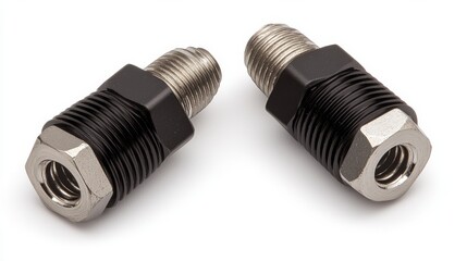 Two metal connectors with black rubber grips for secure fittings