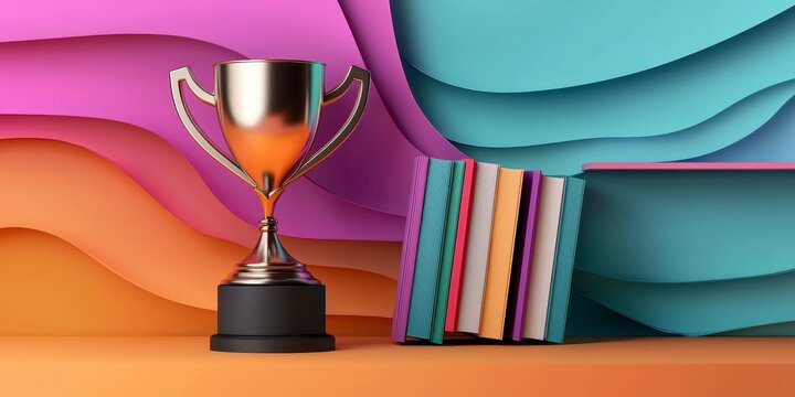 Flat design illustration of a trophy beside a book top view 3D with tetradic colors selective focus scholastic success vibrant Double exposure classroom shelf backdrop. Winning prize