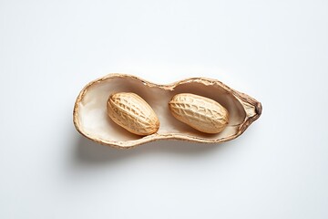 Opened peanut shell with two peanuts inside, isolated on a plain white background