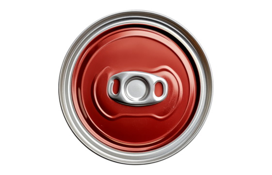 Close-Up View of a Red Metal Can Top with a Pull Tab Mechanism - Powered by Adobe