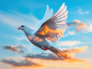 Memorial Day peace with a minimalist silhouette of a dove soaring against a cloudfilled blue sky close up serene tribute ethereal double exposure with a sunset backdrop. Peaceful dove