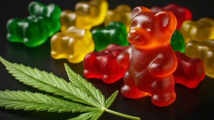 Mixed color cannabis gummy bears vivid and with a marijuana leaf selective focus on the candies colors. Colorful cannabis sweets.