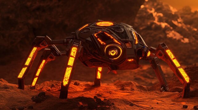 Glowing Arachnid Rover on Alien Planet