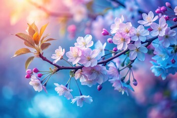 Delicate blossoms on a branch bathed in soft, pastel sunlight, showcasing the beauty of springtime's gentle arrival