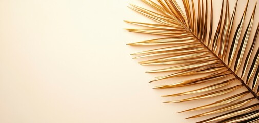 Fototapeta premium Simple gold palm leaf on a light cream background highlighting the leaf s delicate structure and minimalistic beauty. Golden frond creamy backdrop.
