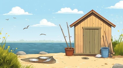 Seaside fishing haven: A serene seaside scene, featuring a rustic wooden fishing shack, tranquil waters, and fishing essentials, offering a picturesque glimpse into the simplicity of coastal life.