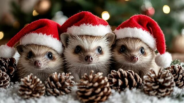 Three adorable hedgehogs in santa hats amidst pine cones and snow. Merry Christmas. Happy New Year