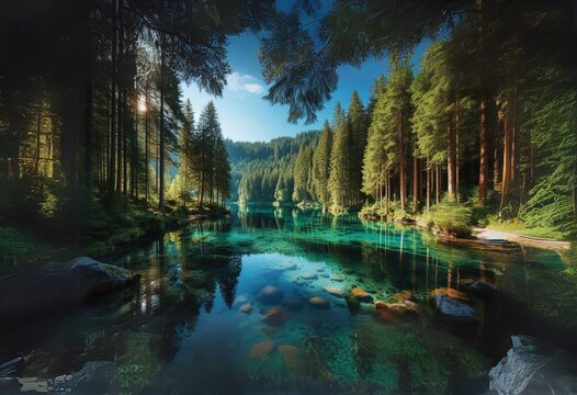 A crystal-clear lake surrounded by dense pine forests, reflecting the blue sky