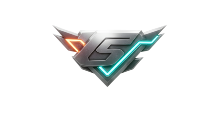 Metallic Emblem with Neon Lights Glowing on a White Background