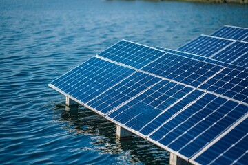 Floating solar panels on calm water surface harnessing renewable energy