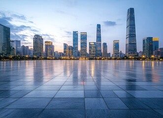 Cityscape at Dusk Reflecting on Square Paving Stones in an Urban Setting