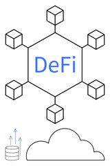 Blockchain framework with cubes linked to decentralized finance text, cloud icon, and database. Ideal for finance, blockchain, DeFi, digital economy, innovation, data storage flat simple metaphor