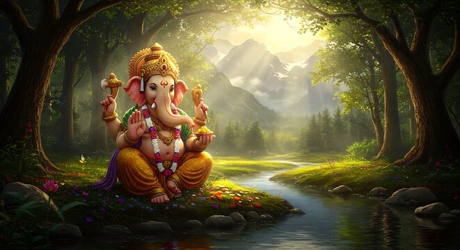 Ganesha Serenity: Forest Meditations with the Hindu Deity Ganesha in Lush Scenery
