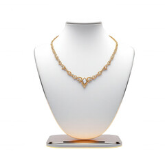 Golden filigree necklace with white gems on a mannequin bust.