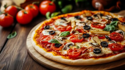 Delicious homemade pizza with fresh tomatoes and basil on a wooden board