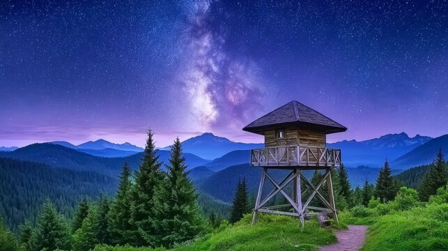 A firewatch tower overlooking a vast forest under the glow of the Milky Way