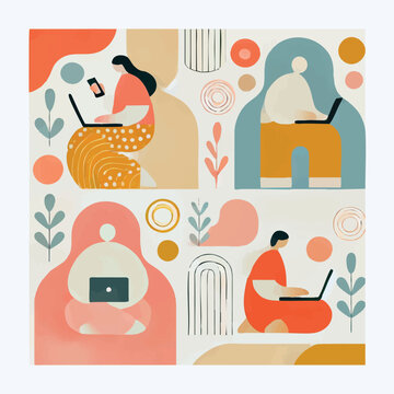 A collection of minimalist collages featuring women, animals, and cozy home scenes. The illustrations use simple, organic shapes and a flat, warm pastel palette to convey comfort and calm.