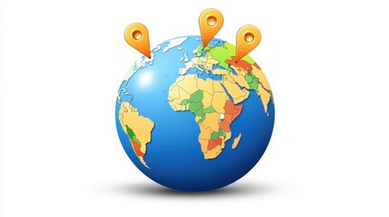 Global Destination Points: A detailed 3D globe with multiple golden location pins, indicating significant destinations across diverse regions. Perfect for travel, mapping and concept presentations. 