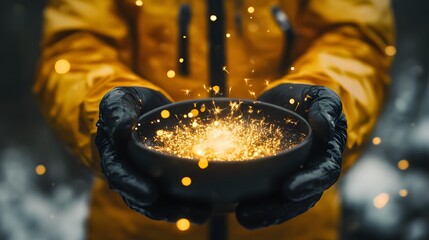 Professional holding a yellow jacket and black gloves for creative outdoor conceptual visuals.