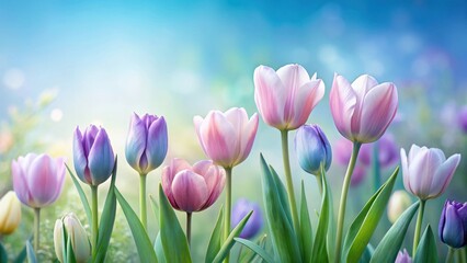 Fototapeta premium A Serene Row of Pastel Tulips Blooming in a Spring Meadow under a Soft Sky