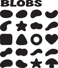 Gentle blob shape organic set, simple shapes and figures. Pebble, inkblot, stone silhouettes. Random black drops, paint liquid blotch spot irregular isolated form