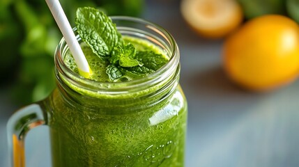 Refreshing Green Smoothie in Mason Jar with Mint Garnish