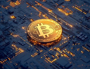 Gold coin on circuit board represents cryptocurrency digital finance and technology.