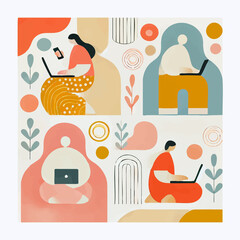 A collection of minimalist collages featuring women, animals, and cozy home scenes. The illustrations use simple, organic shapes and a flat, warm pastel palette to convey comfort and calm.
