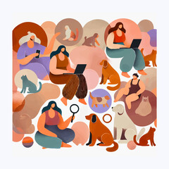 A collection of minimalist collages featuring women, animals, and cozy home scenes. The illustrations use simple, organic shapes and a flat, warm pastel palette to convey comfort and calm.