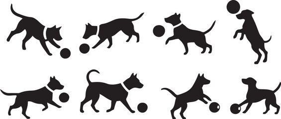 Dog playing with ball silhouette vector set 