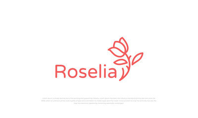 simple, modern, minimalist logo for rose flower with line art style with pink color.