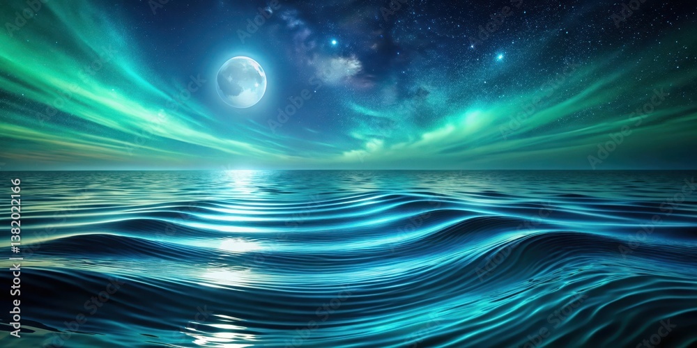Poster serene nightscape ocean waves under a celestial display of aurora and full moon