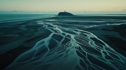 Serene coastal landscape with intricate tidal patterns and distant island