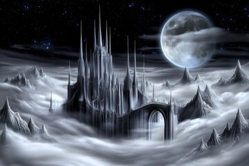 A gothic aerial night view of an ancient city, shrouded in mist with only candlelit windows glowing
