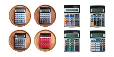 Various Calculators on Wooden Background