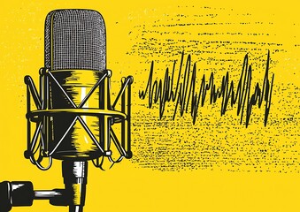 Podcasting setup featuring a microphone and waveform on a vivid yellow background
