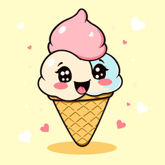 Kawaii Triple Scoop Ice Cream Cone with Hearts on Pastel Yellow Background