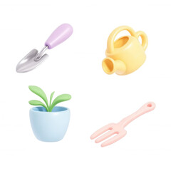 Pastel Garden Tools: Shovel, Watering Can, Pot with Plant, and Fork in 3D Rendering.