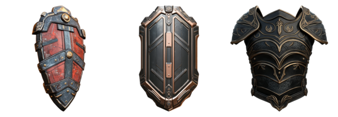 Medieval Shields and Armor with Metallic Details and Texture, PNG bundle collection, Isolated on Transparent Background