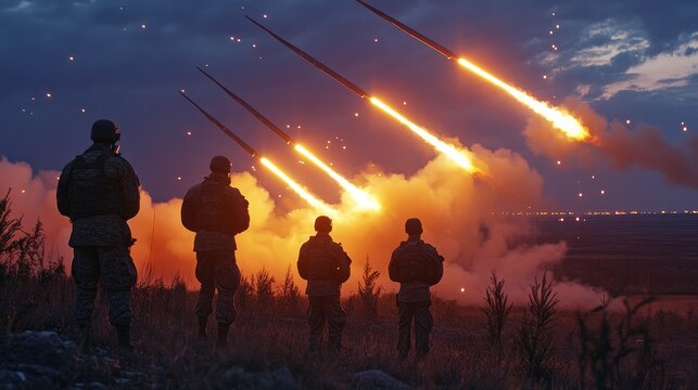 Military exercise with multiple rockets launching at twilight with soldiers observing