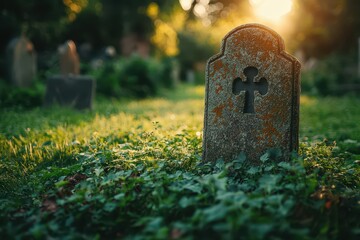 Old gravestone surrounded by greenery at sunset