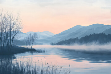 Silent Morning Revelations: Harmony in Nature's Elements Amidst Tranquil Waters and Majestic Peaks