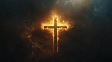 Fototapeta premium Glowing fiery cross in mysterious smoky atmosphere with light burst