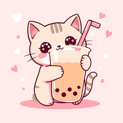 Kawaii Kitten Hugging a Boba Tea, Pastel Pink Hearts Background